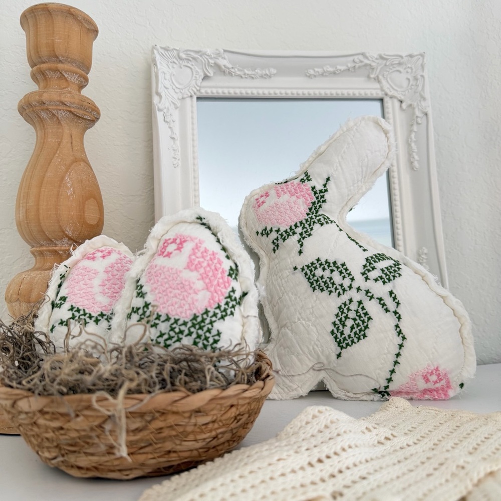 Quilted Bunny & Easter Eggs In Woven Basket